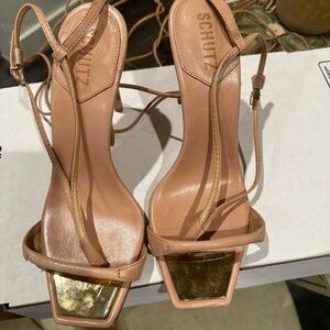 SCHUTZ Beige Strappy Heels with Metallic Gold Accent